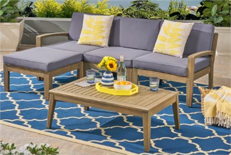 Wilcox Outdoor 5 Piece Acacia Wood Sectional Sofa Set with Cushions, Gray, Dark