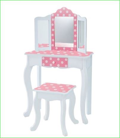 Teamson Kids Gisele Polka Dot Vanity w/Tri-Fold Mirror and Chair, Pink/White