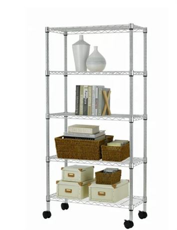 HSS 14"Dx30"Wx62"H, 5 Shelf Wire Shelving Rack with Casters, Chrome