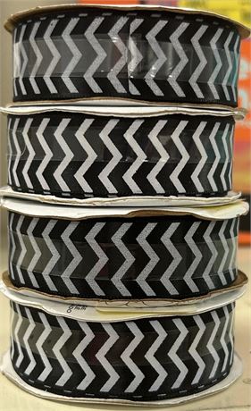 (4) Offray Ribbon, Chevron Black/White 7/8 inch  Satin Polyester Ribbon, 9 feet
