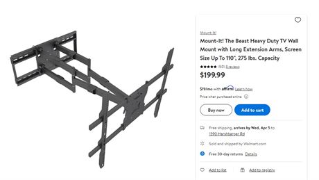 Mount-It! The Beast Heavy Duty TV Wall Mount w/ Long Ext Arms, Up to 110"