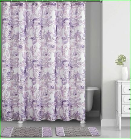 Mainstays Lavender Floral Watercolor Printed 15 Piece Shower Curtain Set