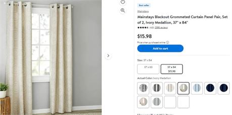 Mainstays Blackout Grommeted Curtain Panel Pair, Set of 2, Ivory Medallion,37x84