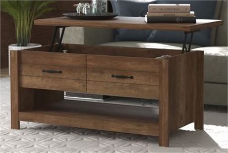 Hillsdale Essentials Wood Coffee Table with Lift Top and Faux Drawer, Brown Fini