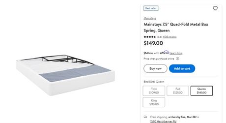 Mainstays 7.5 in Quad Fold Metal Box Spring, QUEEN