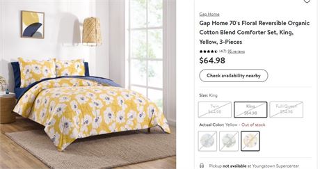 Gap Home 70's Floral Reversible Organic Cotton Blend Comforter Set, King, Yellow