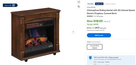 ChimneyFree Rolling Mantel with 3D Infrared Quartz Electric Fireplace, Caramel B
