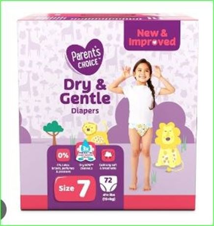 Parents Choice Dry & Gentle Diapers Size 7 - Club 72 Count