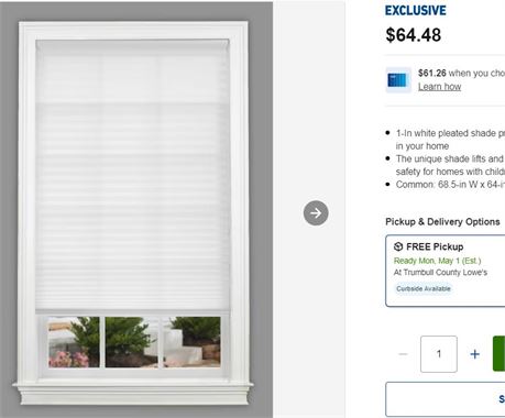 Cordless Pleated Shade 68.5"x64", White