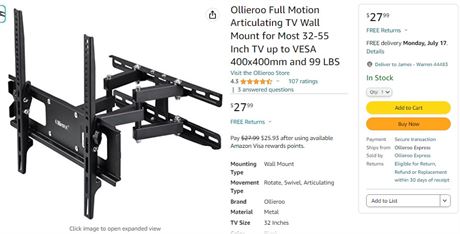 Ollieroo Full Motion Articulating TV Wall Mount for Most 32-55 Inch TV