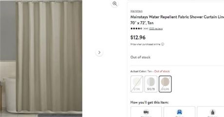 Mainstays Water Repellent Fabric Shower Curtain Liner, 70 x 72, Tan