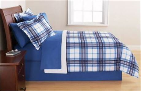 Mainstays 6 piece Complete Bed Set, Blue Plaid, TWIN