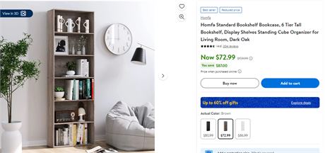Homfa Standard Bookshelf Bookcase, 6 Tier