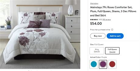 Mainstays 7Pc Roses Comforter Set, Plum, Full/Queen