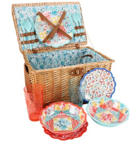 The Pioneer Woman 15-Piece Service for 2 Patchwork Medley Picnic Basket Set