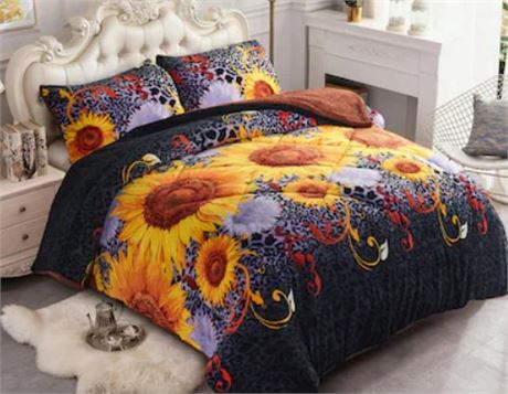 3 piece Floral Printed Sherpa Comforter set, KING
