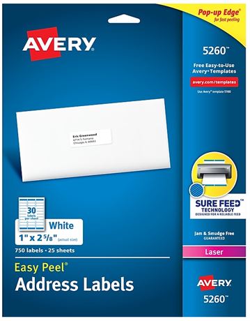 Avery Easy Peel Address Labels 1 x 2-5/8, 750 Labels