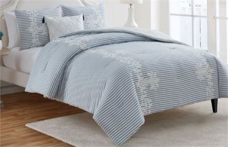 My Texas House Avery Cationic 4-Piece Blue Striped Comforter Set, FULL/QUEEN