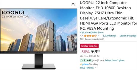 KOORUI   22 Inch 75Hz 99%sRGB LED Computer Monitor,Full HD 1920 x 1080 Office M