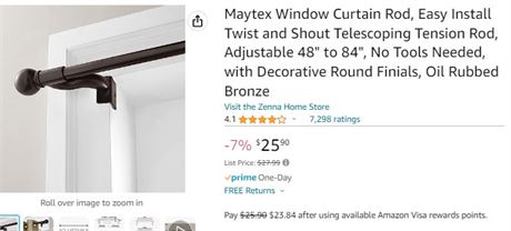 Maytex Window Curtain Rod, Easy Install Twist and Shout Telescoping Tension Rod,