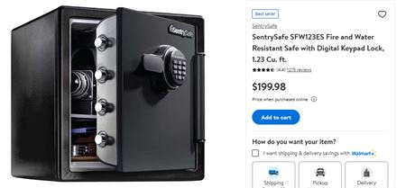 SentrySafe SFW123ES Fire/Water Resistant Safe, w/ Keypad Lock, 1.23cuft