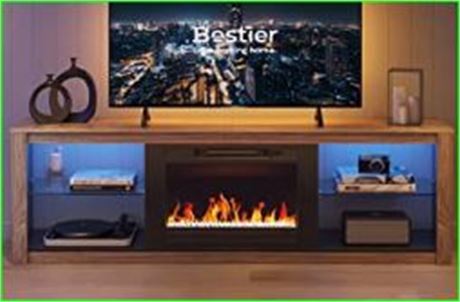Bestier Fireplace TV St& w/ LED Lights for TVs up to 75,Rustic Brown