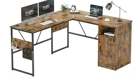 Bestier 60 inches L Shaped Desk with Storage Cabinet Rustic