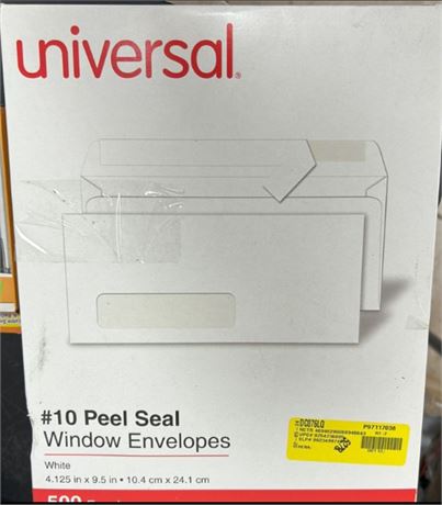 Universal   One Peel Seal Strip Business Envelope, #10, Window, White, 500 per B