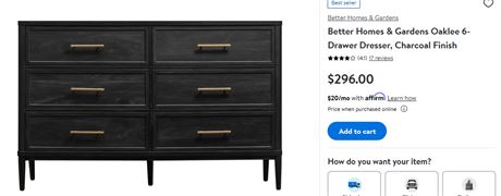 Better Homes and Gardens 6 Drawer Black and Brass Dresser