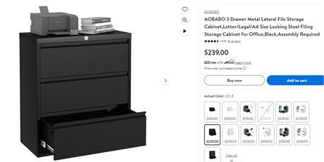 aobabo Black Lateral File Cabinet, black, 3 drawer