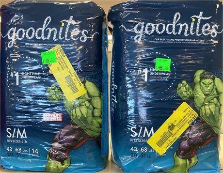 Lot of (TWO) Goodnites Nighttime Underwear, Size Small/medium 14/pack