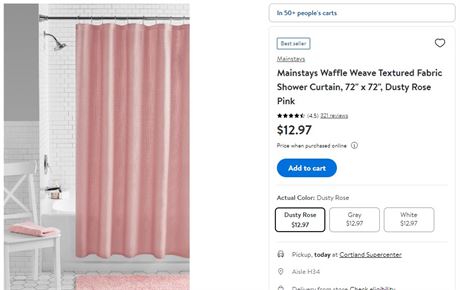 Mainstays Fabric Shower Curtain, Pink