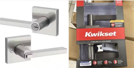 Kwikset Halifax Square Keyed Entry Lever featuring SmartKey in Satin Nickel