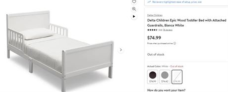 Delta Children Epic Wood Toddler Bed with Attached Guardrails, Bianca White