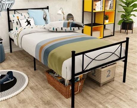 Yoneston Twin Size Metal Platform Bed with Bowknot Headboards