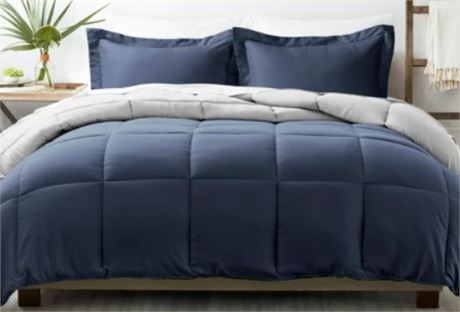 Noble Linens 3-Piece Navy & Gray Reversible Down Alternative Comforter Set, TXL