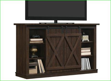 Farmhouse TV Stand TVs up to 70 inches w/ Sliding Barn Doors, Saw Cut Espresso