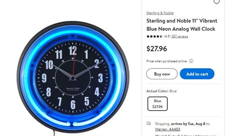 Sterling and Noble 11" Vibrant Blue Neon Analog Wall Clock