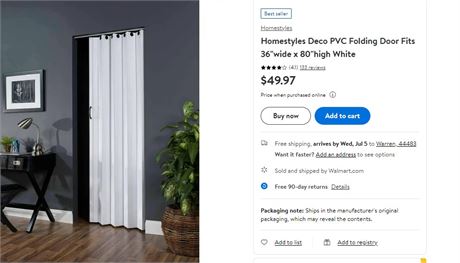 Homestyles Deco PVC Folding Door Fits 36"wide x 80"high White