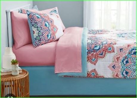 Mainstays Pink & Teal Medallion 8 Piece Comforter Set w/ Sheets, Queen