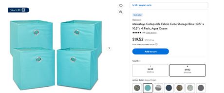 Mainstays Collapsible Fabric Cube Storage Bins (10.5 x 10.5), 4 Pack, Aqua Ocean