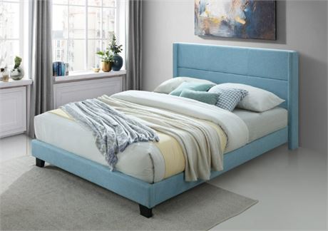 Ovis Haven Eggshell Blue Platform Wing Bed, Upholstered Queen Bed, QUEEN