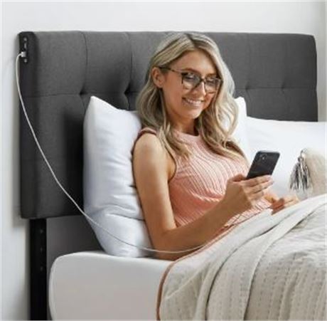 Rest Haven Upholstered Headboard with 4 USB Ports, Full, Charcoal