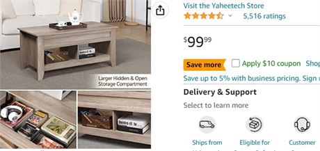 Yaheetech Lift Top Coffee Table with Hidden Storage Compartment & Lower Shelf