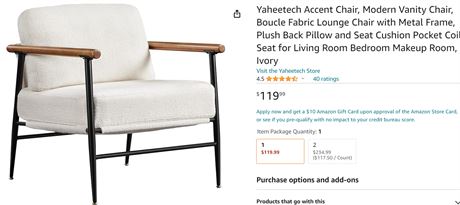 Mid Century Metal framed chair, white plush cushion