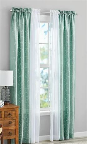 Lot of (TWO) Mainstays 84 inch 4 piece Curtain sets, Fretwork, Teal