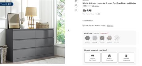 Brindle 6-Drawer Horizontal Dresser, Cool Gray Finish, by Hillsdale