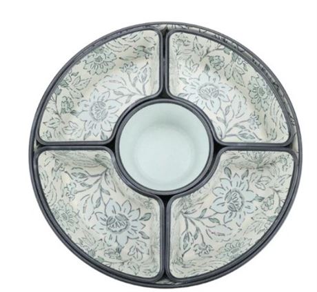 BHG Bamboo Melamine Chip and Dip Serving Tray, Botanical and Linen Print