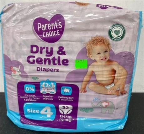 Parents Choice Dry & Gentle Diapers, Size 4, 32ct