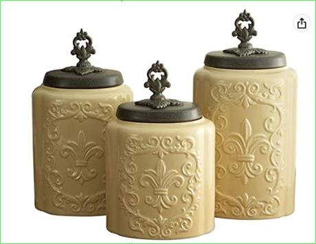 Cream Antique Set of 3 Canisters, 11.8H/10.4H/9.3